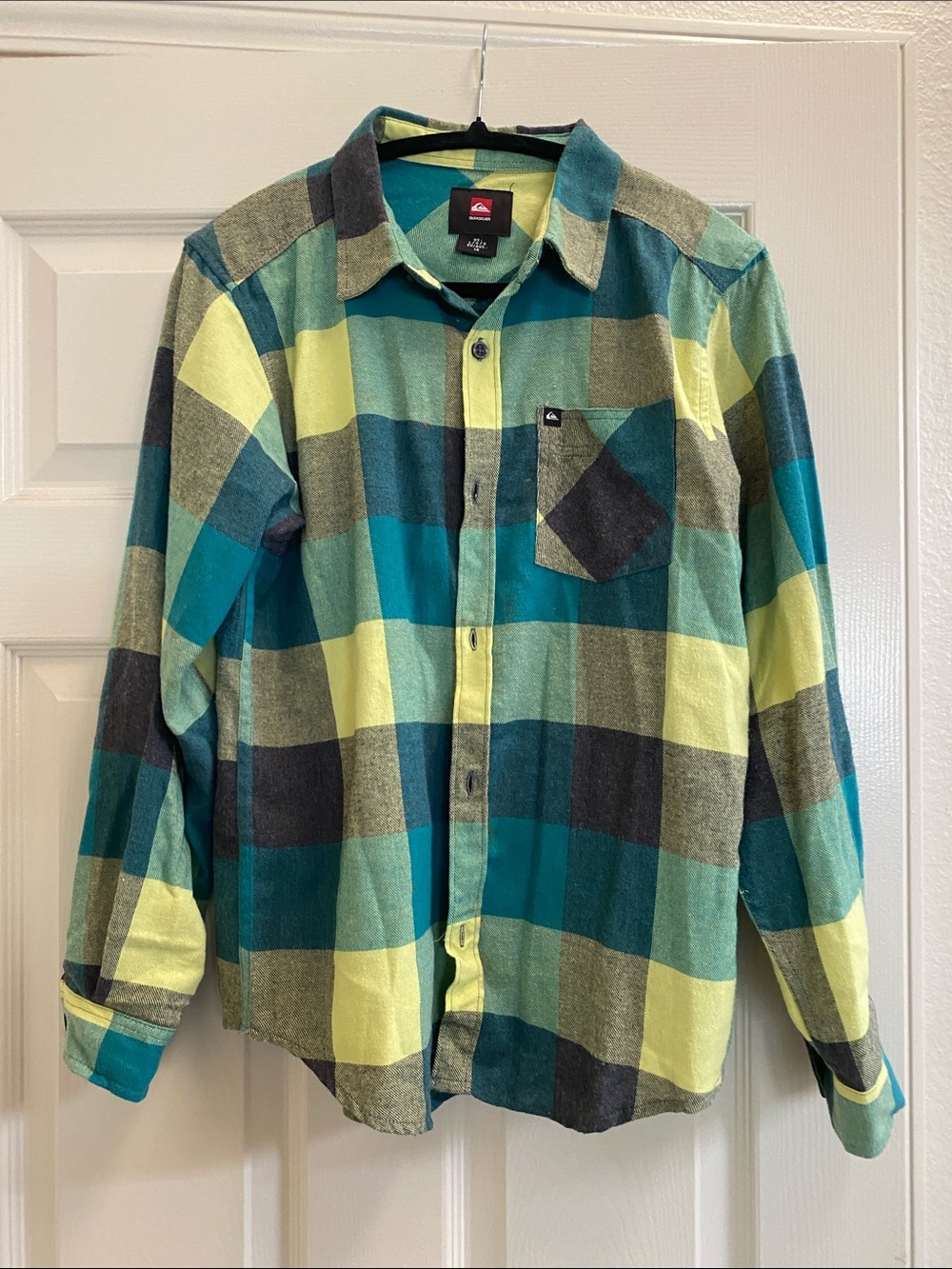 Quiksilver Teal, Lime & Gray Plaid Long-Sleeve Shirt